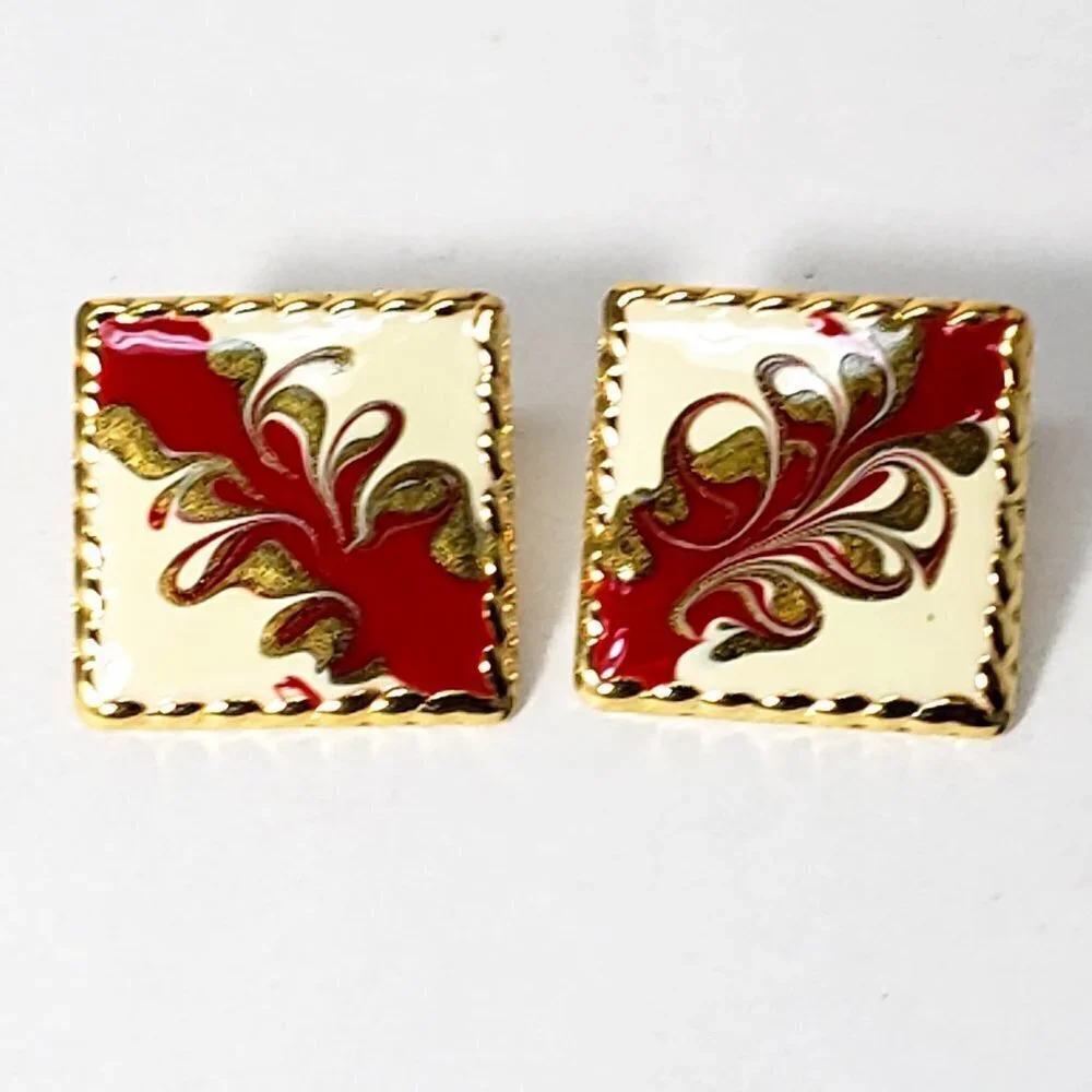 Women's Stunning Gold tone Multi-color Square Stud Earrings - Eye-Catching, RED - Picture 2 of 7